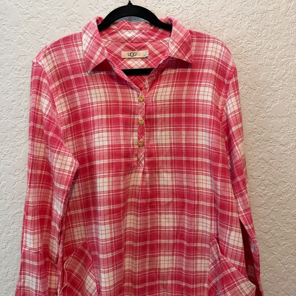 UGG Plaid Flannel Nightgown Size M Pink White Lounge Sleepwear 1095619